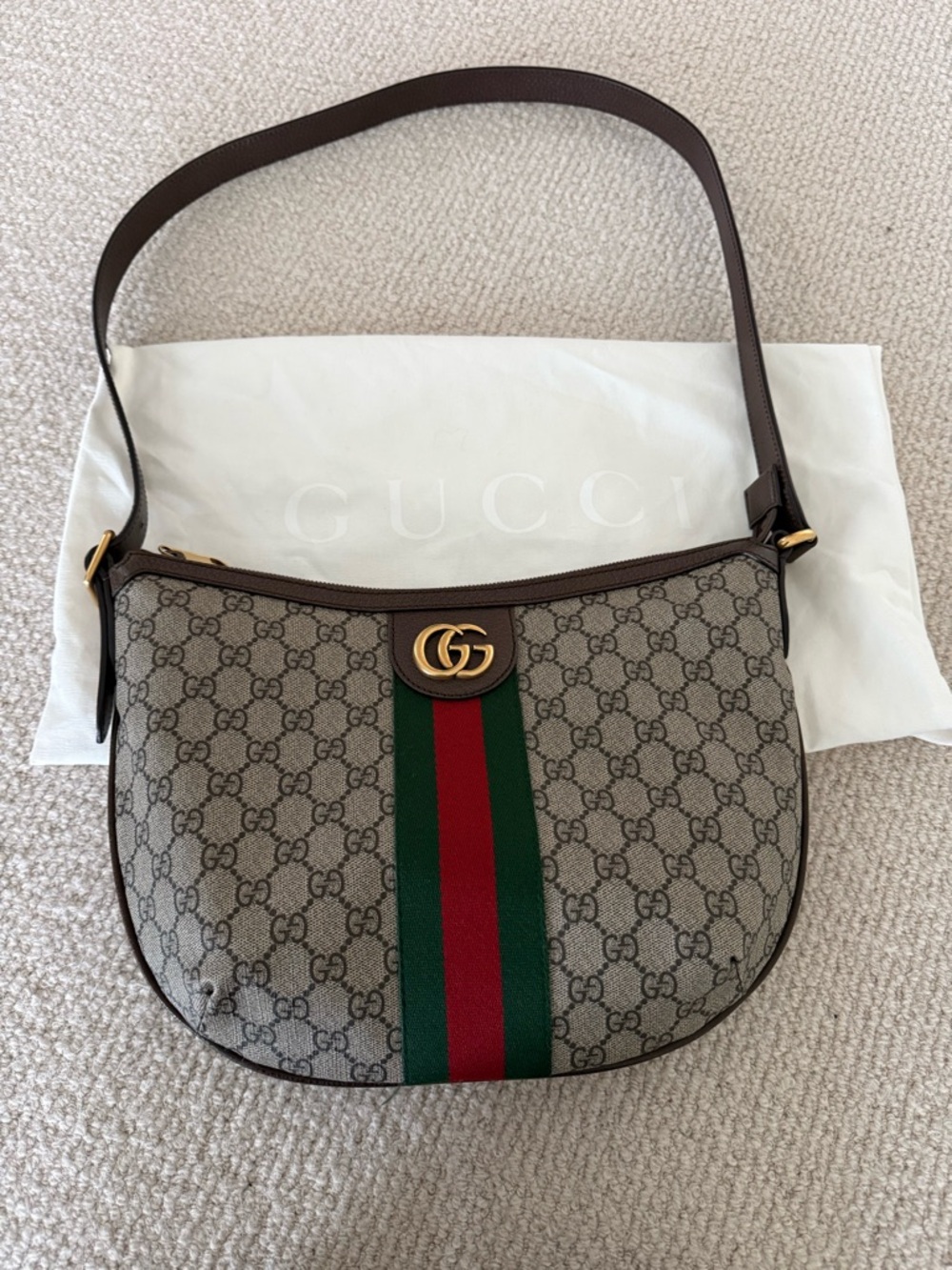 Gucci Brown GG Supreme Canvas Shoulder Bag with Green and Red Web